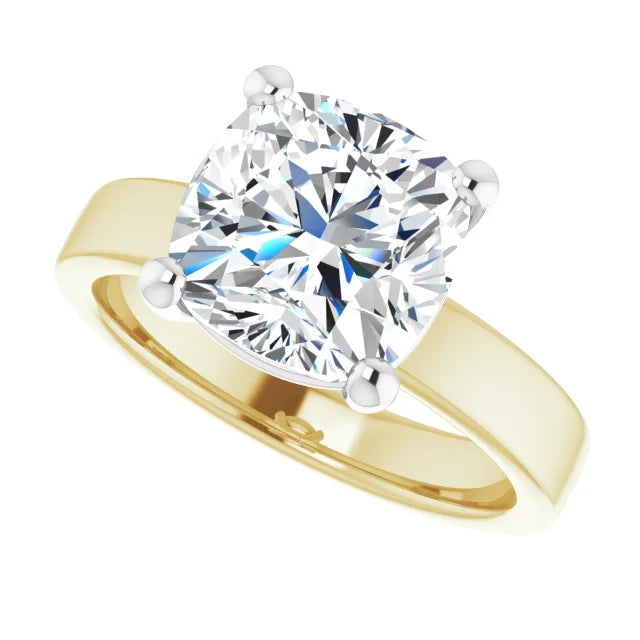 Cushion Cut Diamond Solitaire Engagement Ring in white gold prong head with yellow gold band