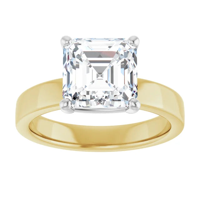 Asscher Cut Diamond Solitaire Engagement Ring in white gold prong head with yellow gold band 