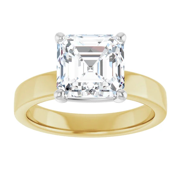 Asscher Cut Diamond Solitaire Engagement Ring in white gold prong head with yellow gold band 