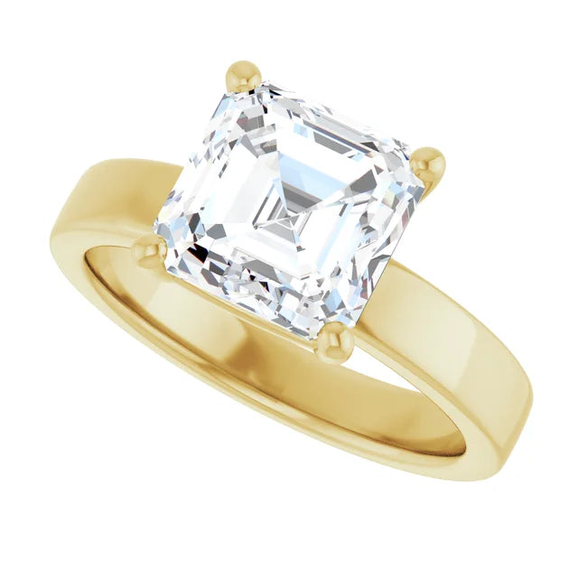 Asscher cut diamond solitaire engagement ring in yellow gold