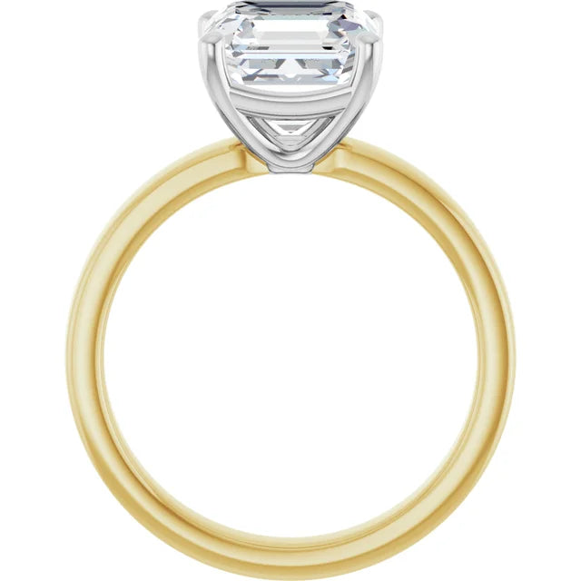 Asscher Cut Diamond Solitaire Engagement Ring in white gold prong head with yellow gold band side profile
