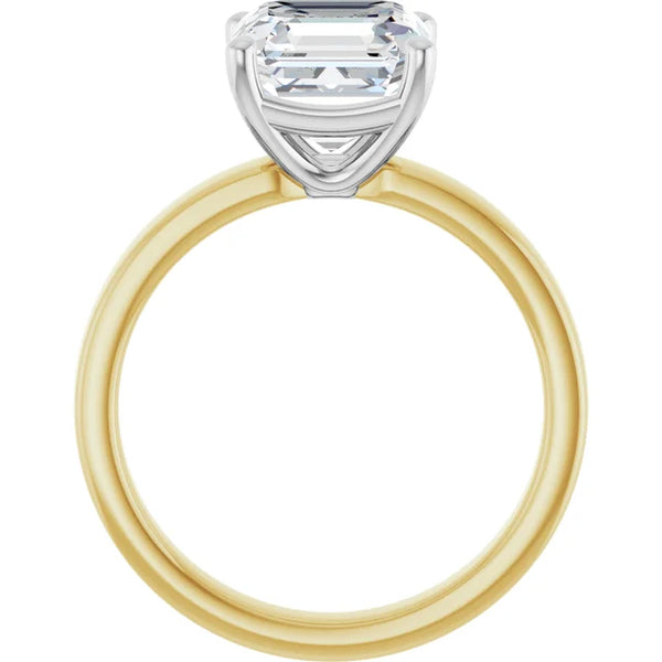 Asscher Cut Diamond Solitaire Engagement Ring in white gold prong head with yellow gold band side profile
