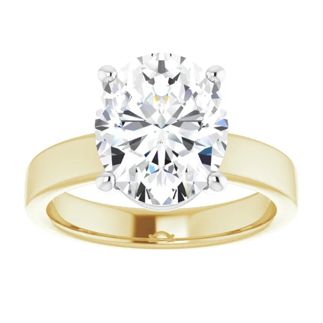 Oval Cut Diamond Solitaire Engagement Ring in white gold prong head with yellow gold band top view