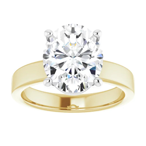 Oval Cut Diamond Solitaire Engagement Ring in white gold prong head with yellow gold band top view