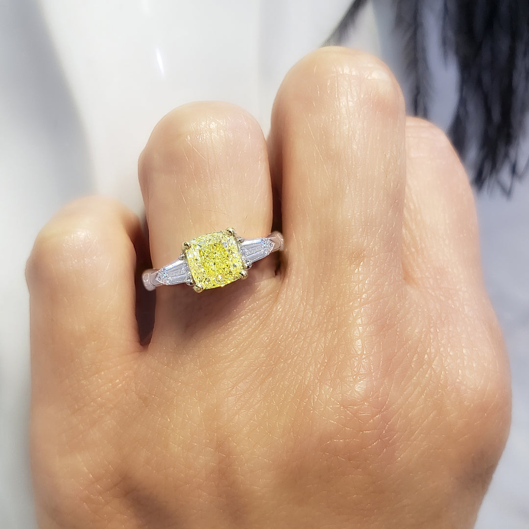 2.30 Ct. Canary Fancy Yellow Cushion & Bullet Cut 3 Stone Diamond Ring SI1 GIA Certified