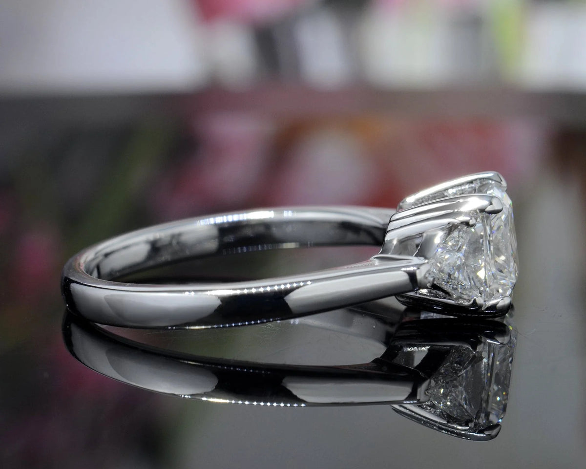 3 stone princess cut & trillion diamond ring in white gold side view