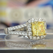 2.20 Ctw Canary Fancy Yellow Cushion Cut Halo Diamond Split Shank Ring VS2 GIA