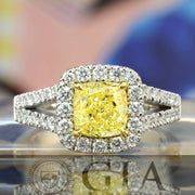 1.90 Ctw Canary Fancy Yellow Cushion Cut Halo Diamond Split Shank Ring VVS2 GIA