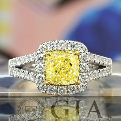 2.20 Ctw Canary Fancy Yellow Cushion Cut Halo Diamond Split Shank Ring VS2 GIA