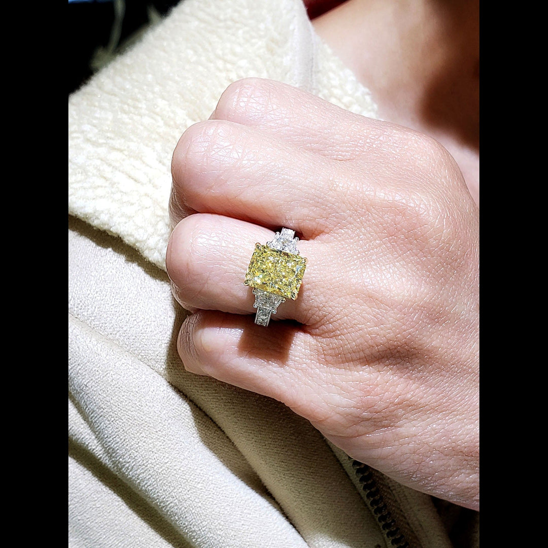 Yellow Elongated Radiant Cut & Trapezoids Diamond Ring on Hand