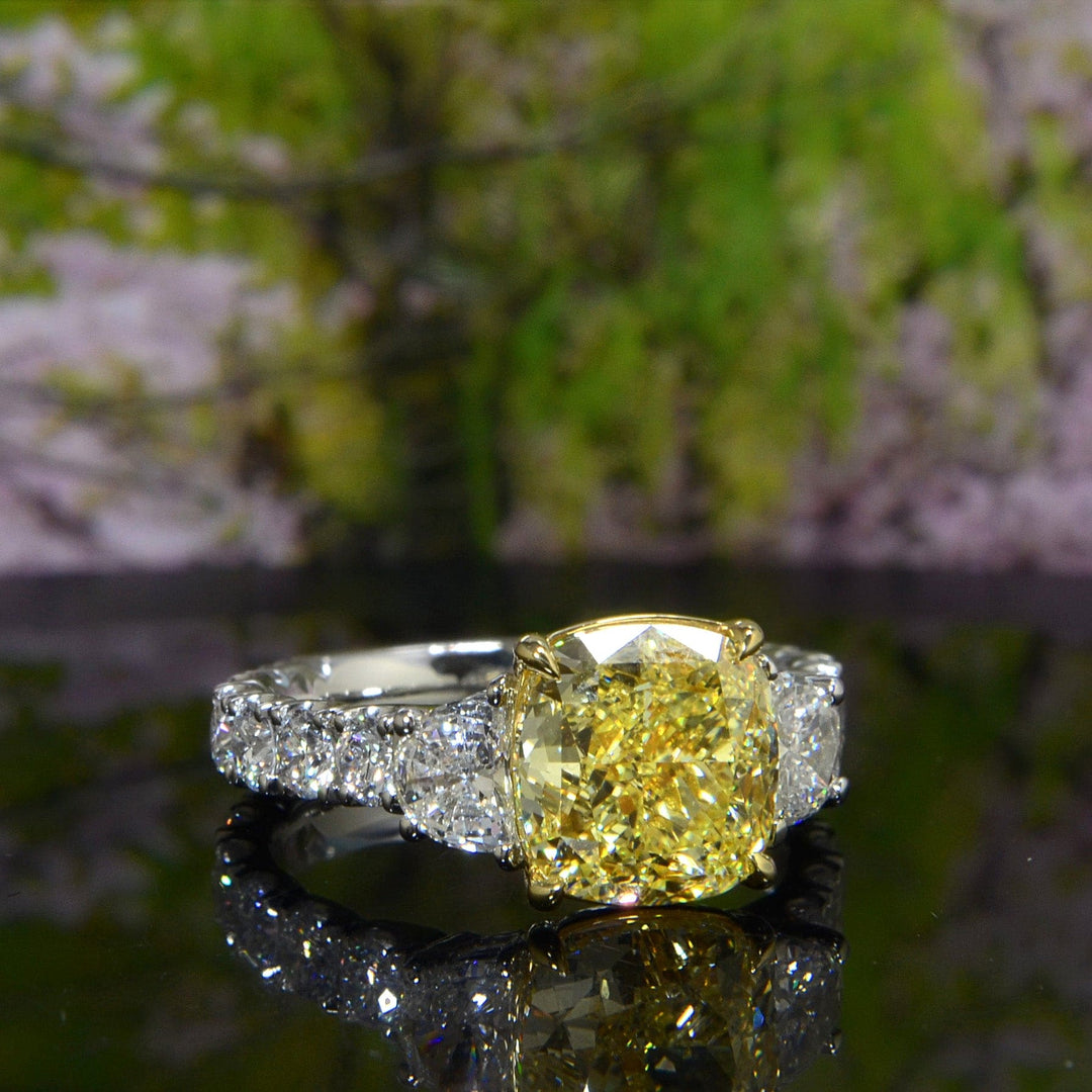 5 Ctw.  Canary Fancy Yellow Cushion, Half Moon & Round Cut Accent Ring VS1 GIA Certified