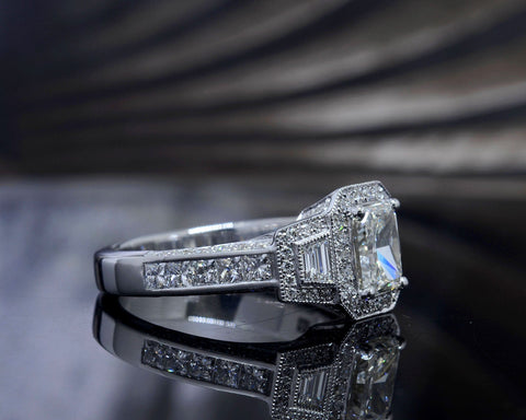 2.40 Ct. Halo Emerald Cut Princess & Trapezoids Diamond Ring H Color VVS1 GIA Certified