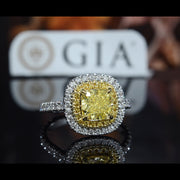 2.50 Ct Fancy Yellow Dual Halo Cushion Engagement Ring VS2 Clarity GIA Certified