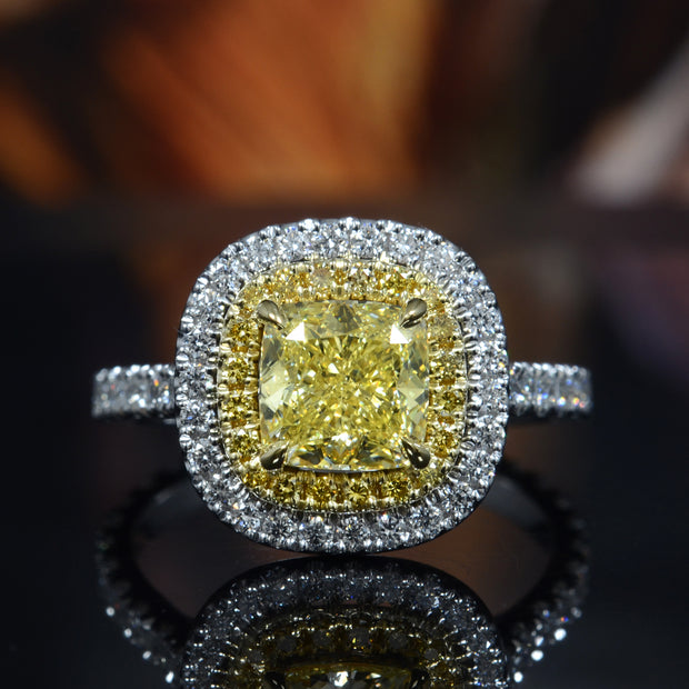 2.50 Ct Fancy Yellow Dual Halo Cushion Engagement Ring VS2 Clarity GIA Certified