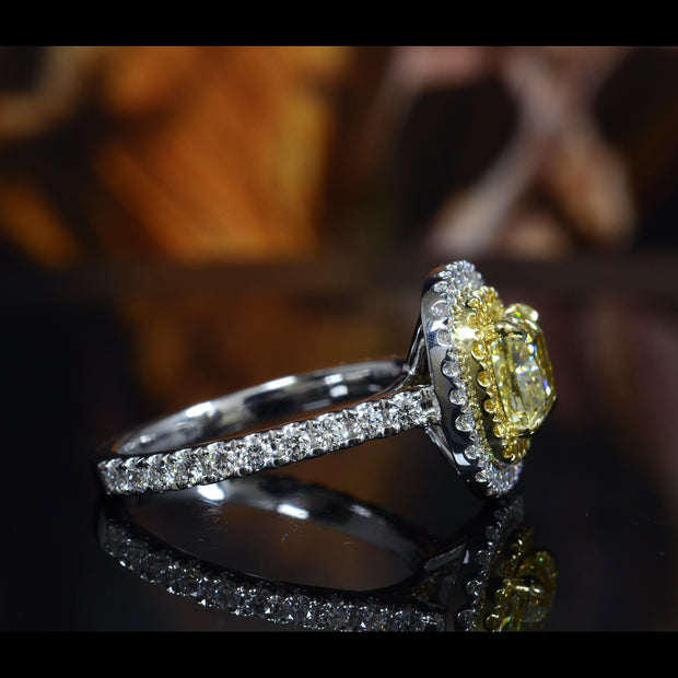 2.50 Ct Fancy Yellow Dual Halo Cushion Engagement Ring VS2 Clarity GIA Certified