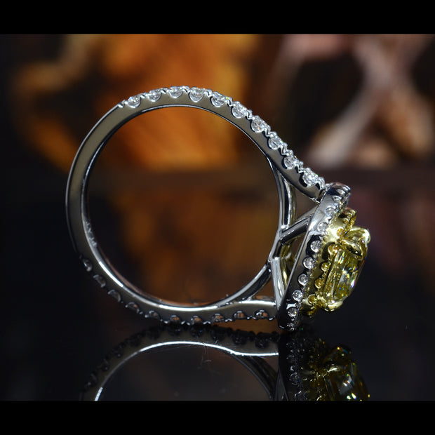 2.50 Ct Fancy Yellow Dual Halo Cushion Engagement Ring VS2 Clarity GIA Certified