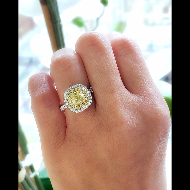 2.50 Ct Fancy Yellow Dual Halo Cushion Engagement Ring VS2 Clarity GIA Certified
