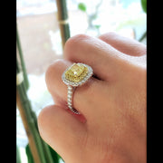 2.50 Ct Fancy Yellow Dual Halo Cushion Engagement Ring VS2 Clarity GIA Certified