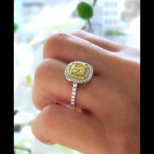 2.50 Ct Fancy Yellow Dual Halo Cushion Engagement Ring VS2 Clarity GIA Certified