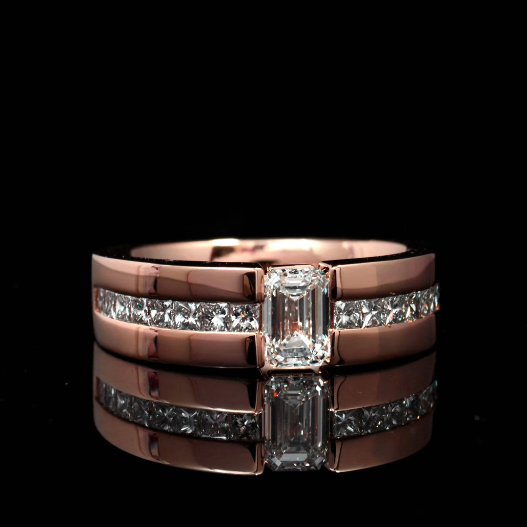 Lab Grown Men's Emerald Cut Tension Ring Princess Channel Set IGI Certified