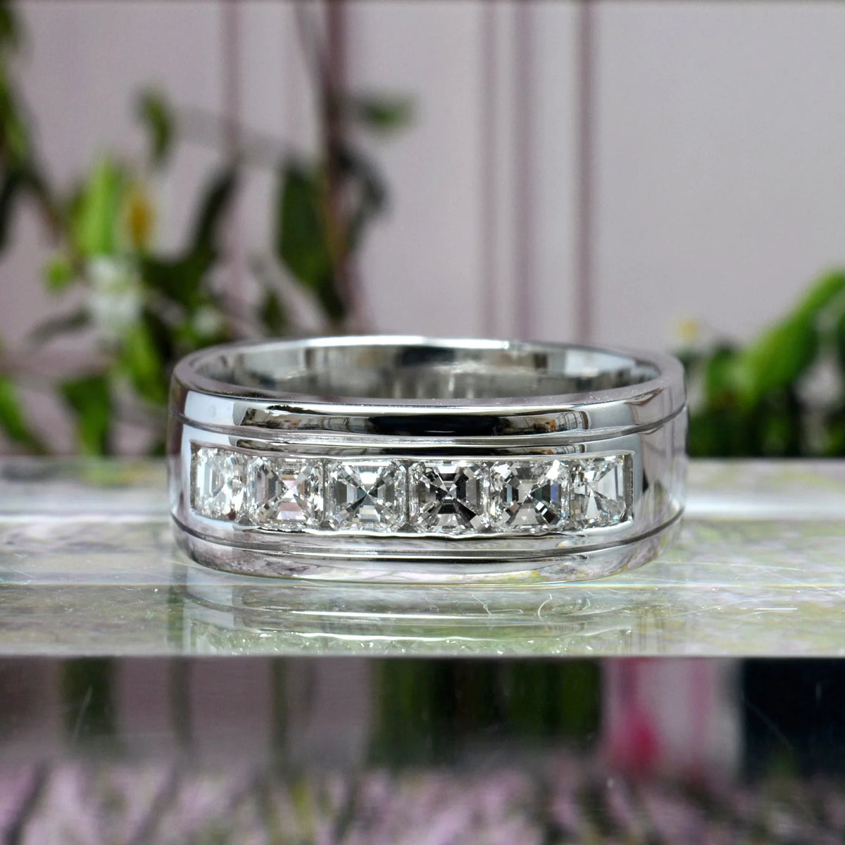 Lab grown 6 stone asscher cut diamond channel men's ring 7mm