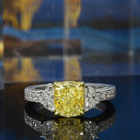 3.90 Ctw Canary Fancy Light Yellow Cushion & Half Moon Art Deco Diamond Ring VS1 GIA