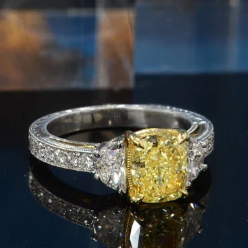 Lab grown yellow cushion cut diamond half moon hand engraved ring vvs2 igi 3