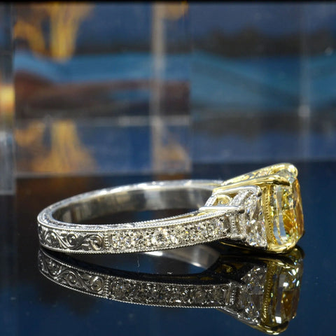 Lab Grown Yellow Cushion Cut Diamond Half Moon Hand Engraved Ring VVS2 IGI Certified