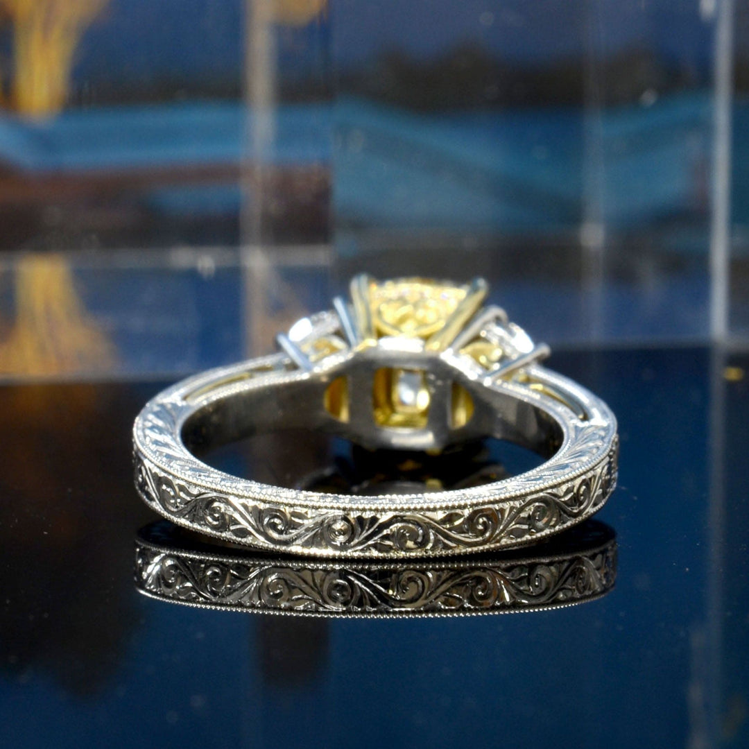 3.90 Ctw Canary Fancy Yellow Cushion & Half Moon Art Deco Diamond Ring VS2 GIA