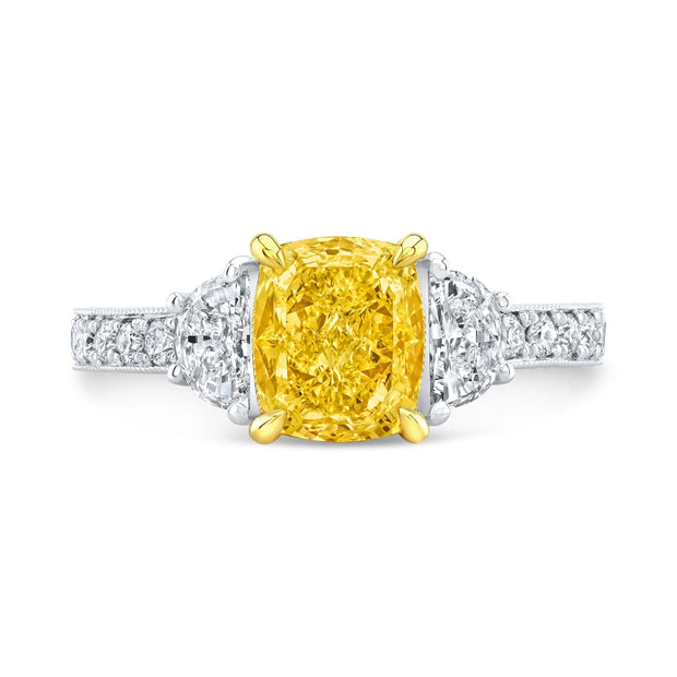 Lab Grown Yellow Cushion Cut Diamond Half Moon Hand Engraved Ring VVS2 IGI Certified