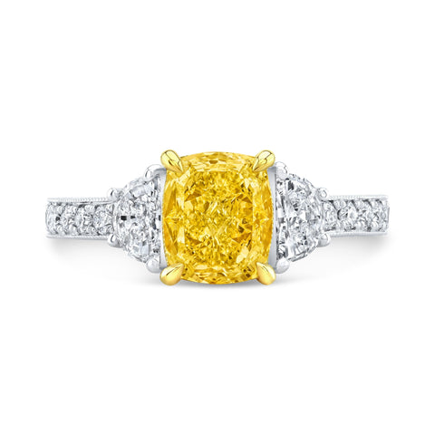 2.40 Ctw Canary Fancy Light Yellow Cushion & Half Moon Art Deco Diamond Ring VS1 GIA