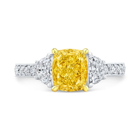 2.90 Ctw Canary Fancy Yellow Cushion & Half Moon Art Deco Diamond Ring VVS1 GIA