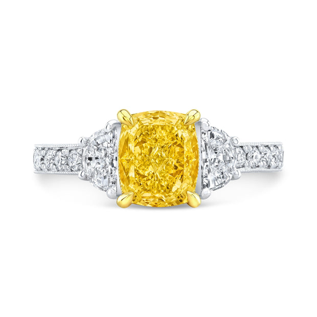 2.90 Ctw Canary Fancy Yellow Cushion & Half Moon Art Deco Diamond Ring VVS1 GIA