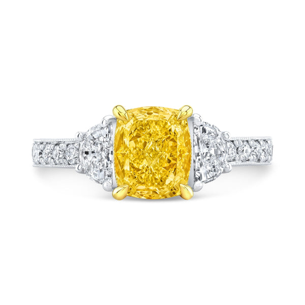 2.60 Ctw Canary Fancy Yellow Cushion & Half Moon Art Deco Diamond Ring VS1 GIA