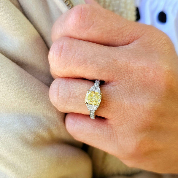 2.60 Ctw Canary Fancy Yellow Cushion & Half Moon Art Deco Diamond Ring VS1 GIA