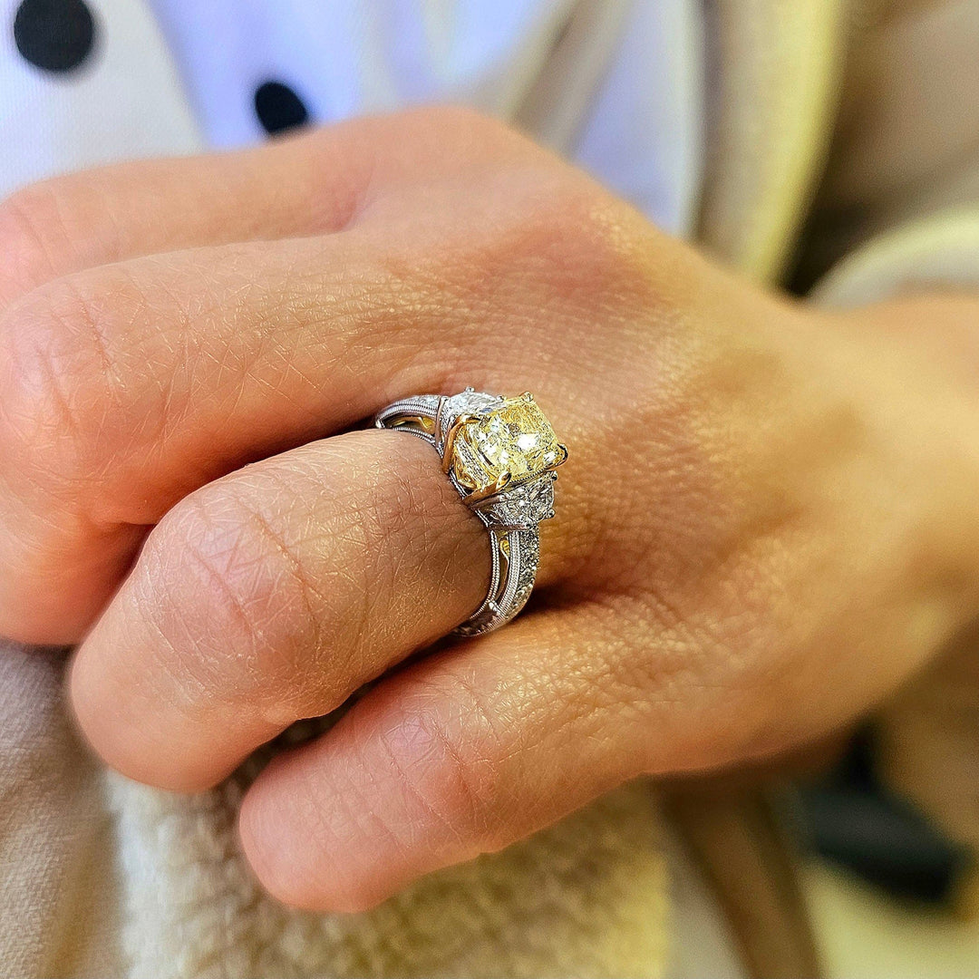 3.90 Ctw Canary Fancy Light Yellow Cushion & Half Moon Art Deco Diamond Ring VS1 GIA