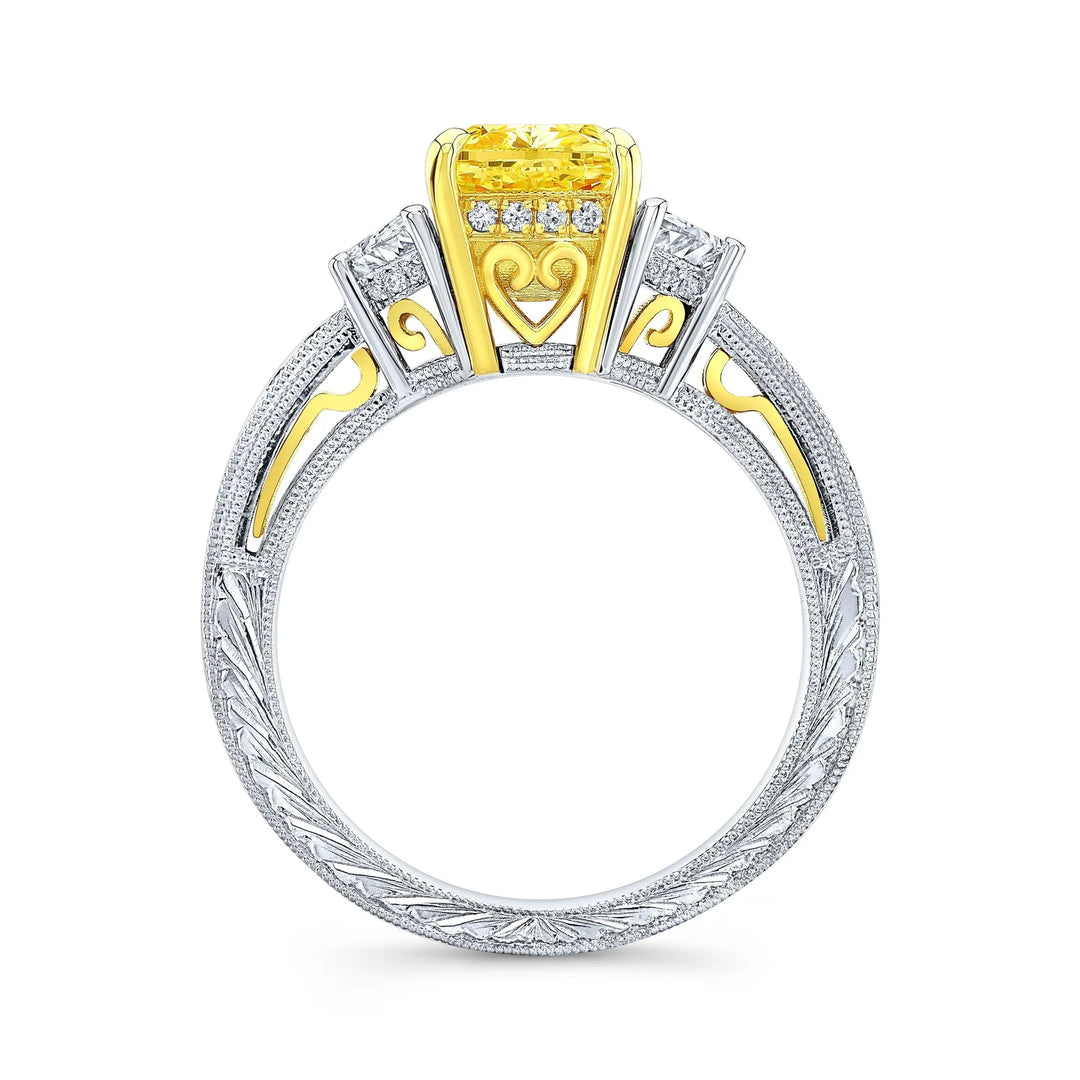 Lab Grown Yellow Cushion Cut Diamond Half Moon Hand Engraved Ring VVS2 IGI Certified