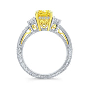 Lab Grown Yellow Cushion Cut Diamond Half Moon Hand Engraved Ring VVS2 IGI Certified