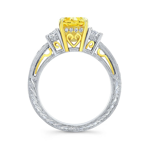 Lab Grown Yellow Cushion Cut Diamond Half Moon Hand Engraved Ring VVS2 IGI Certified
