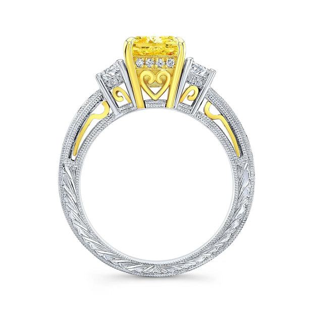 Lab Grown Yellow Cushion Cut Diamond Half Moon Hand Engraved Ring VVS2 IGI Certified