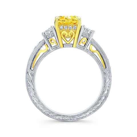 2.90 Ctw Canary Fancy Light Yellow Cushion & Half Moon Art Deco Diamond Ring VVS1 GIA