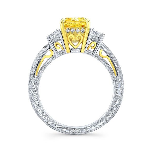 2.40 Ctw Canary Fancy Light Yellow Cushion & Half Moon Art Deco Diamond Ring VS1 GIA