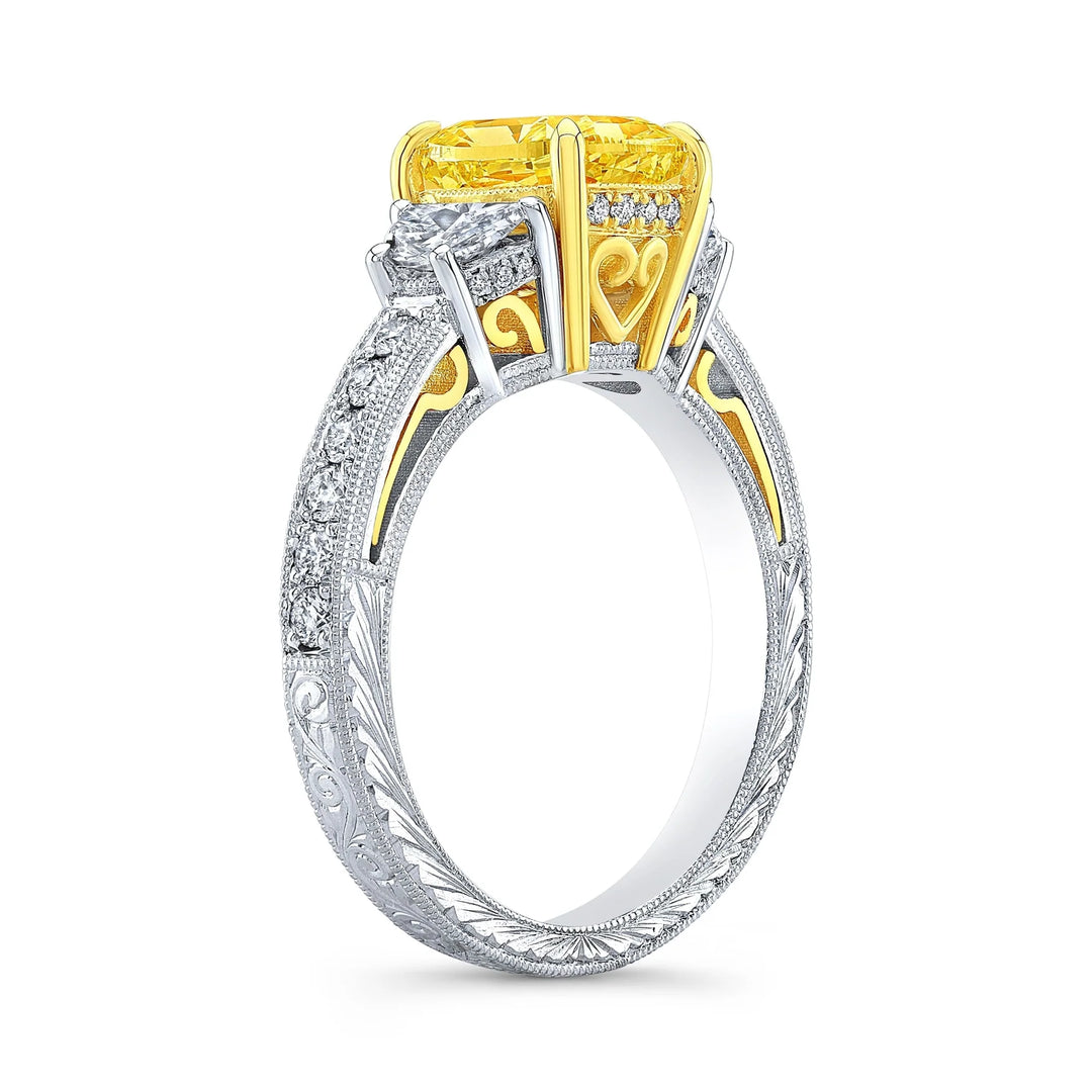 Lab Grown Yellow Cushion Cut Diamond Half Moon Hand Engraved Ring VVS2 IGI Certified