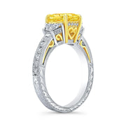 Lab Grown Yellow Cushion Cut Diamond Half Moon Hand Engraved Ring VVS2 IGI Certified