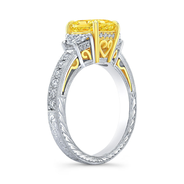 2.60 Ctw Canary Fancy Yellow Cushion & Half Moon Art Deco Diamond Ring VS1 GIA