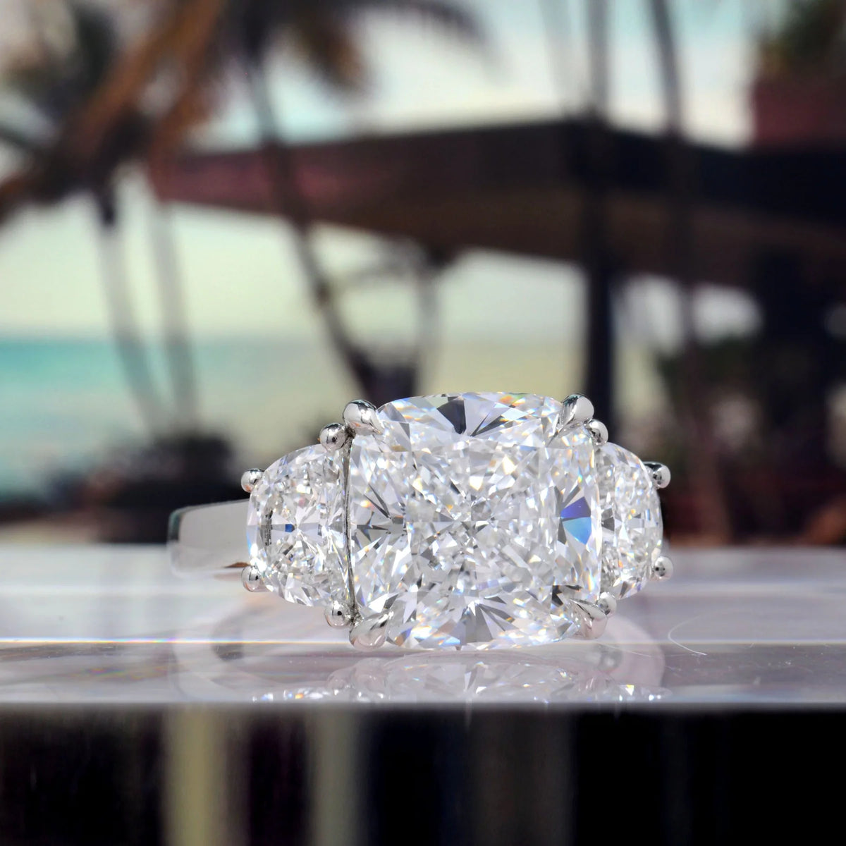 Cushion cut & half moon 3 stone diamond ring in white gold