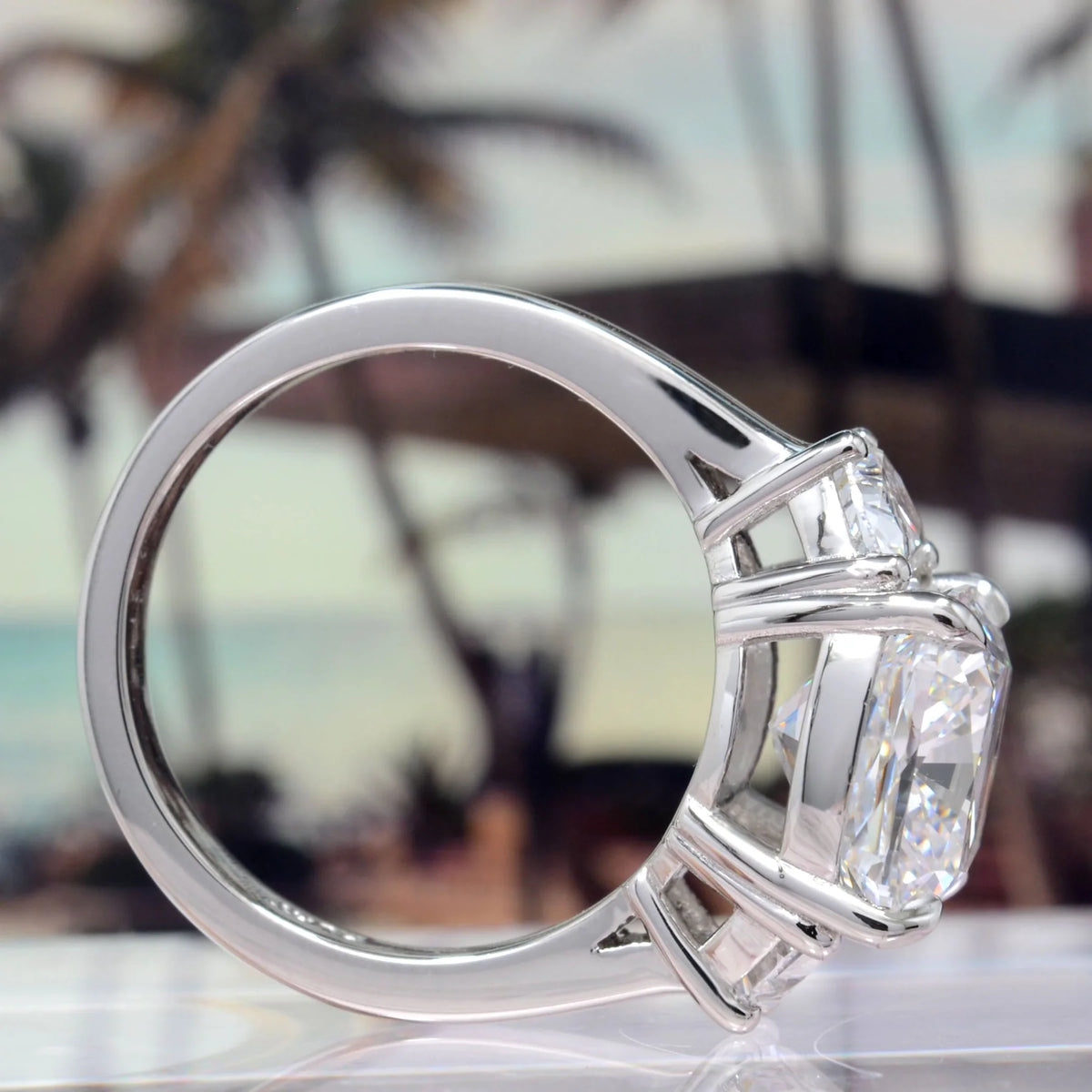Cushion cut & half moon 3 stone diamond ring in white gold side profile