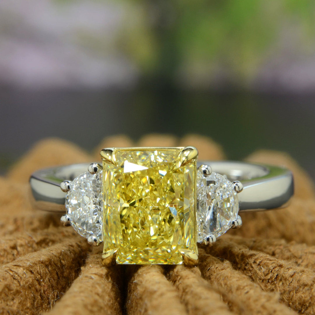 2.50 Ctw Fancy Intense Yellow Elongated Radiant & Half Moons 3 Stone Ring VS1 GIA