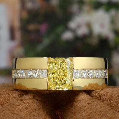 Lab Grown Elongated Radiant Fancy Intense Yellow and Princess Diamond Ring Tension & Channel Set IGI Certified