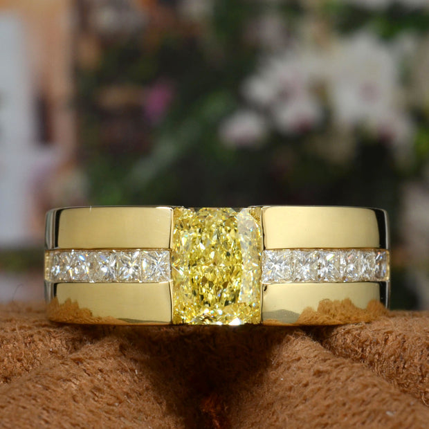 Lab Grown Elongated Radiant Fancy Intense Yellow and Princess Diamond Ring Tension & Channel Set IGI Certified